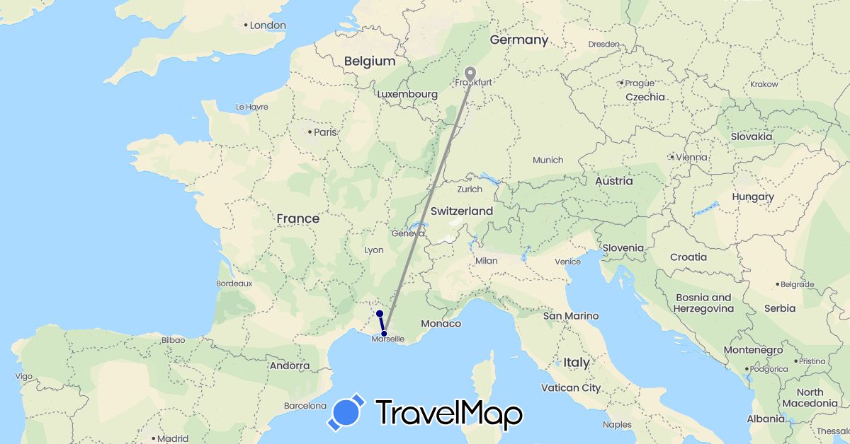 TravelMap itinerary: driving, plane in Germany, France (Europe)